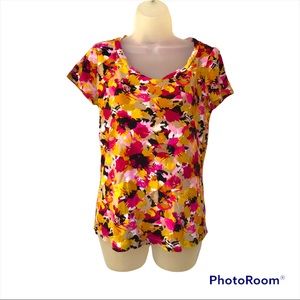 Nicole Miller Floral Abstract Scoop Neck Fitted Tee Shirt Top - Size Large